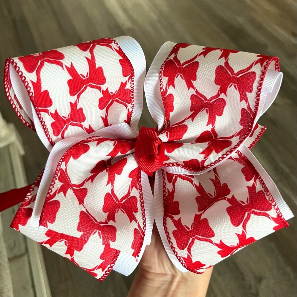 White and Red Bow Hair Clip with Red Bow Print